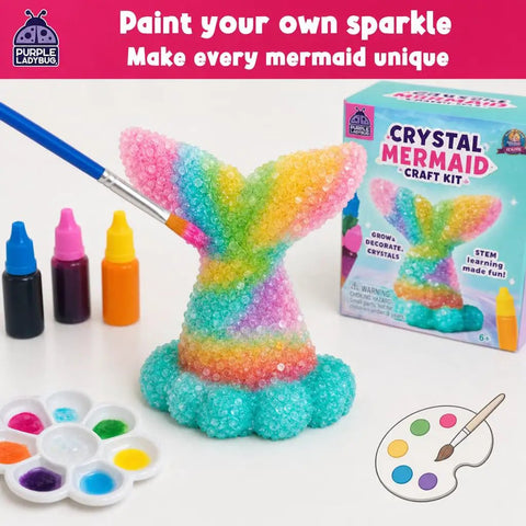 Mermaid Crystal Growing Kit For Kids 6 To 8, STEM Craft Toy That Grows Sparkling Crystals On A Mermaid Tail, Totally Screen-Free, Hands-On Science And Art Project For Young Scientists. Painted crystal mermaid kit with brush and colors