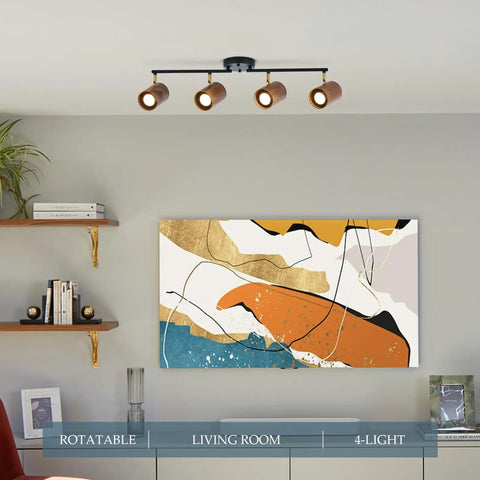 Modern 4 Light Track Lighting Kit With Dope Matte Black Finish And Natural Wood Lampshades Flexible 350 Degree Rotatable Heads Ceiling Light Fixture For Kitchen Hallway And Living Room Industrial Style Illumination