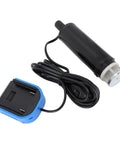 Smooth Operator Cordless Submersible Sump Pump for Quick Pool Cover Drainage and Basement Flooding Recovery showing black pump body and blue battery pack.
