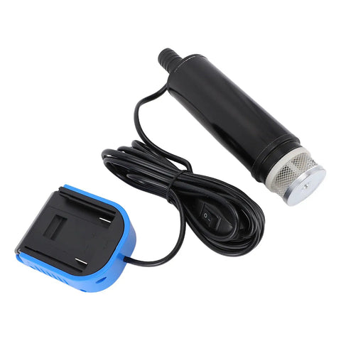 Smooth Operator Cordless Submersible Sump Pump for Quick Pool Cover Drainage and Basement Flooding Recovery showing black pump body and blue battery pack.