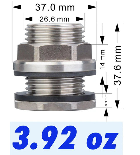 Side view of Beefy Heavy Duty Stainless Steel Bulkhead Tank Fitting 304, 1/2 Inch NPT Female On Both Ends To 3/4 Inch Garden Hose Male