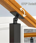 Heavy duty wrought iron side mount deck spindle railing post with 270° rotation feature, black and wood finish.