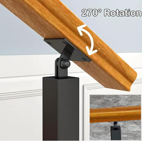 Heavy duty wrought iron side mount deck spindle railing post with 270° rotation feature, black and wood finish.