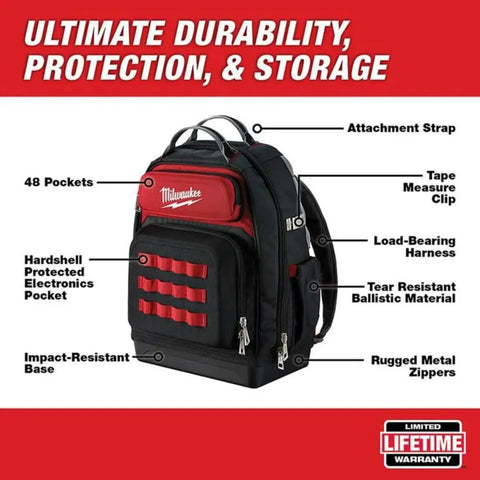 Heavy Duty Canvas Jobsite Backpack With 48 Pockets And Ultra Comfortable Load Bearing Harness showing rugged design and attachment features.