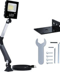 Real Deal Heavy Duty LED Cob Work Light Featuring Adjustable Gooseneck Arm And Rock Solid Screw Mount with tools and mounting bracket.