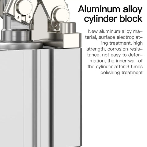Close-up of aluminum alloy body of Pneumatic Clamping Cylinder With Lever Arm, 1 Inch Bore Down Acting Clamp for jigs and fixtures.