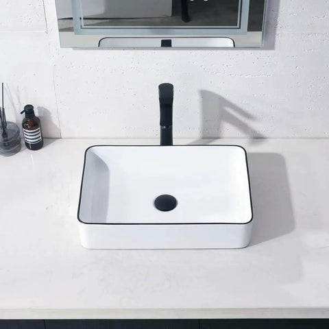Rectangular Vessel Sink 20 By 14 Inch Above Counter White With Black Rim Premium Porcelain Ceramic Lavatory Vanity Basin Installed