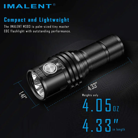 Black Ultra Bright EDC Flashlight 13000 Lumens With Cree XHP70.2 LEDs Rechargeable Portable Light, showing dimensions and weight on black background.