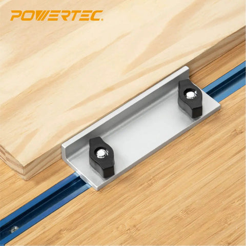 All In One Pro Grade Woodworking T Track Stops And Clamps Kit inline stop in use with T-slot on wooden surface