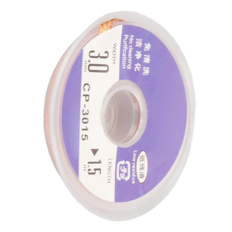 Spool of Desoldering Wick Braid CP 3015 for PCB repair, 1.5m length, low residue, no clean, flat needle weave, in purple casing.
