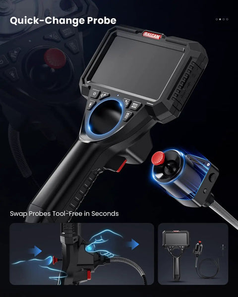 Industrial Borescope Camera With Replaceable Snake Cable 5 Inch HD Display 4-Way Articulating Probe Stainless Steel Joystick 6.2mm Camera Waterproof Cable 5 Ft For Auto And Pipe Inspections, quick-change probe