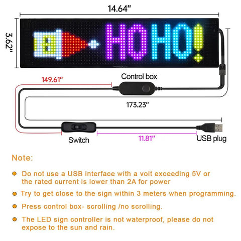 Bluetooth LED Matrix Panel With App Control And USB 5V Power Flexible LED Screen dimensions and controls diagram