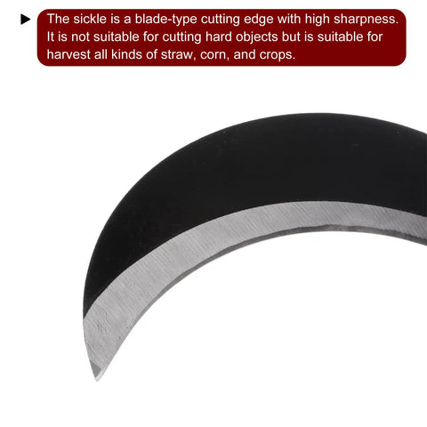 Close-up of blade edge on 7 Inch Brush Clearing Sickle With Black Oxide Forged Carbon Steel Blade, showing sharp curved design