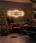 Custom Garage Neon Sign With Handmade Personalization Dimmable LED Wall Light For Home Workshop Carport Or Man Cave Perfect Gift For Dad Birthday Christmas 3D Art Look And Eye Catching Glow in decorated garage with motorcycle and classic car
