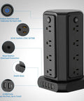 Ultimate Surge Protector Power Strip Tower With 16 Widely Spaced Outlets And 4 USB Ports, Black, showing features and labels
