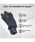 Zoomed view of CCS1 to CHAdeMO EV Adapter DC 1000V 250A, showcasing power specs and durable design for fast charging.