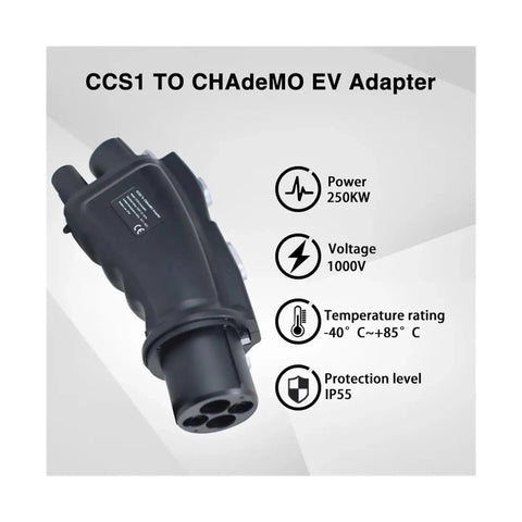 Zoomed view of CCS1 to CHAdeMO EV Adapter DC 1000V 250A, showcasing power specs and durable design for fast charging.