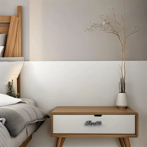 Bedroom with wooden nightstand featuring Black Brushed Zinc Alloy Train Cabinet Knobs For Bedroom Furniture Set Of 2 Durable And Rad Drawer Pulls.