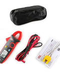 Digital Clamp Meter For AC DC Current Voltage Resistance And Capacitance With Data Hold Pro Grade Precision For Electrical Testing And Maintenance In Home Workshop Or Field Red, with carrying case and accessories