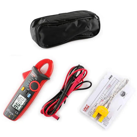 Digital Clamp Meter For AC DC Current Voltage Resistance And Capacitance With Data Hold Pro Grade Precision For Electrical Testing And Maintenance In Home Workshop Or Field Red, with carrying case and accessories
