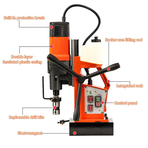 110V Portable Magnetic Drill Press With Powerful 1700W Copper Core Motor, showing features like control panel, replaceable bits, and integrated rack.