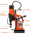 Powerful 110V Magnetic Drill Press With Copper Motor showing control panel, integrated rack, and drill setup.