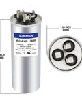 Dual Run Start Capacitor 45/5 UF 370V/440VAC CBB65B, silver cylindrical design, 5.1x1.96 inches, for HVAC systems.