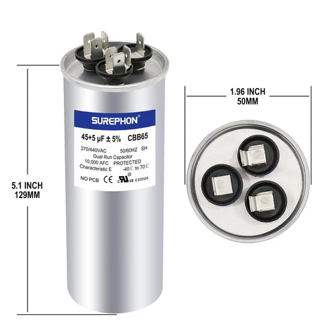 Dual Run Start Capacitor 45/5 UF 370V/440VAC CBB65B, silver cylindrical design, 5.1x1.96 inches, for HVAC systems.