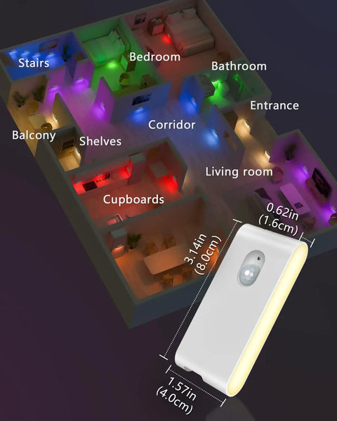 Rechargeable Motion Sensor Stair Lights With RGB And Warm White in various room colors, dimensions 3.4x1.57x0.62 inches.