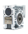 NMRV30 worm gear reducer with silver metal housing and visible 1:10 ratio nameplate.