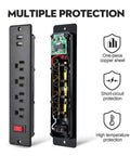 Recessed Mountable Power Strip With USB Ports Four Outlets Two USB Built In Surge Protection ETL Listed showing internal components.