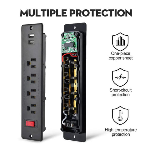 Recessed Mountable Power Strip With USB Ports Four Outlets Two USB Built In Surge Protection ETL Listed showing internal components.