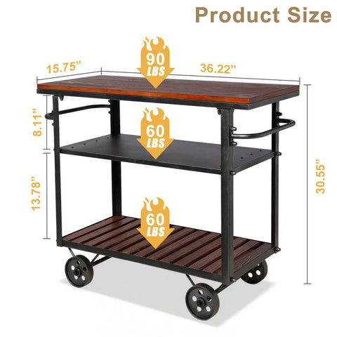 Smooth Rolling Three Tier Vintage Bar Cart On Wheels With Heavy Duty Metal And Wood Frame For Kitchen Home Office Or Weekend Hangout Setup Built Rock Solid With Dual Side Handles size dimensions showing capacity of shelves.
