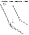 Angled Swage Threaded Stud Kit With Six Inch Length Three Sixteenth Inch Thread Adjustable From Zero To One Hundred Eighty Degrees Tension End For Cable Railing On 4x4 Wood Or Metal Posts Indoor Outdoor Deck Hardware, shown in stainless steel T316 marine grade