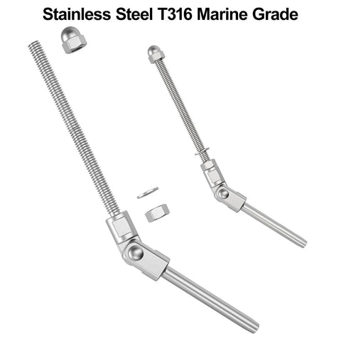 Angled Swage Threaded Stud Kit With Six Inch Length Three Sixteenth Inch Thread Adjustable From Zero To One Hundred Eighty Degrees Tension End For Cable Railing On 4x4 Wood Or Metal Posts Indoor Outdoor Deck Hardware, shown in stainless steel T316 marine grade