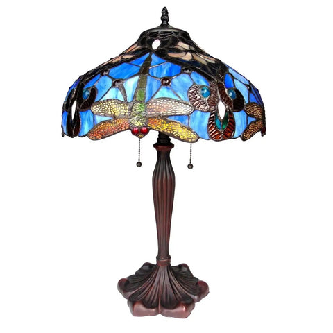 Julia Tiffany Style Dragonfly 2 Light Table Lamp With Shade Handcrafted Glass Art In Gem Tones Dragonfly Motif.