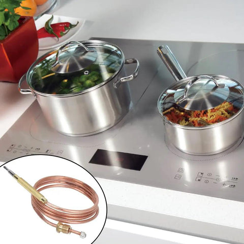Stainless steel cookware on stove with 900Mm Gas Stove Thermocouple Kit With Five Nuts Universal Thermocouple.