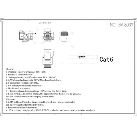 Diagram of 10-Pack Tool-Less Cat6 RJ45 Keystone Jacks with specifications for fast no-nonsense termination, no punch-down tool required.
