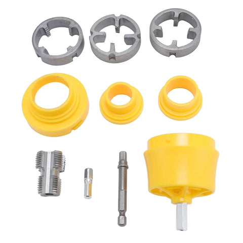Ppr Pipe Threader Kit With 4 Inch Hex Shank Designed For G1/2 And G3/4 Standard Threads, featuring yellow and metal components for plumbing.