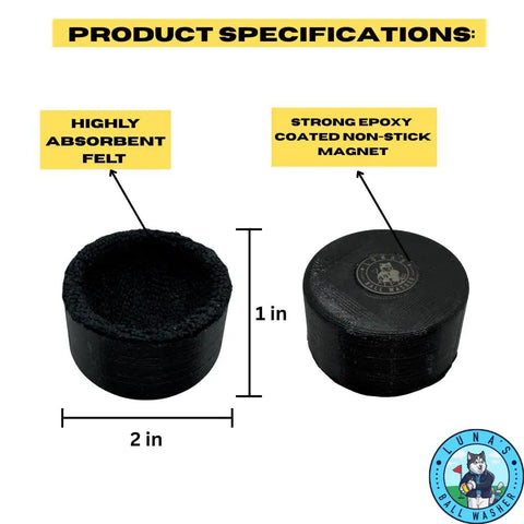 Dude Approved Magnetic Golf Ball Washer With Heavy Duty Mount To Scrub Out Stubborn Grime Fast And Lock Securely To Cart Or Bag For Legit Smoother Rounds Today, featuring absorbent felt and epoxy coated magnet, 2x1 inches.