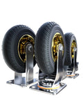 Four Pack Of Eight Inch Heavy Duty Rubber Swivel Casters That Roll Like Butter Stem Mount Design With Solid Directional Brake Combo view from side showcasing rubber wheels.