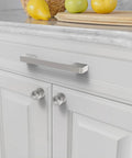 Brushed Satin Nickel Cabinet Pulls 5 Inch 128mm Hole Centers Pack of 10 Durable Zinc Alloy Handles installed on kitchen cabinet