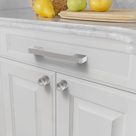Brushed Satin Nickel Cabinet Pulls 5 Inch 128mm Hole Centers Pack of 10 Durable Zinc Alloy Handles installed on kitchen cabinet