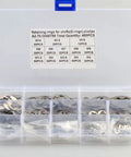 Plastic storage box with compartments displaying All-In-One Retaining Ring Kit For Shafts, 400 Stainless Steel E Rings M1.5 To M15