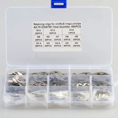 Plastic storage box with compartments displaying All-In-One Retaining Ring Kit For Shafts, 400 Stainless Steel E Rings M1.5 To M15