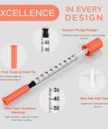 One Milliliter Syringe With 30G 5/16 In (8mm) Needle, Disposable U-100 Calibrated, Lab Grade Polypropylene Barrel With Reinforced Plunger, Individually Wrapped, 30 Pack, Perfect For Precise Dosing And Quick Prep. syringe with clear markings and orange cap