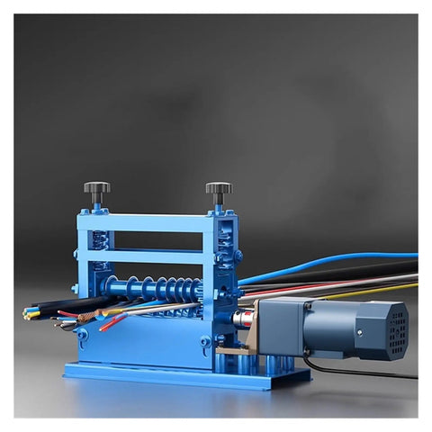 Top Rated Fully Automatic Cable Stripper Machine Multi Function Electric Wire Stripper Heavy Duty Tool in blue with wires attached.