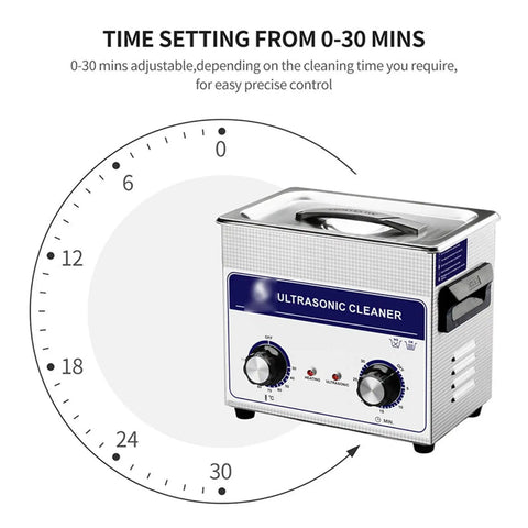 Heavy Duty Heated Ultrasonic Cleaner With Fast Adjustments And Durable 304 Stainless Steel Tank showing 0-30 minute timer controls.