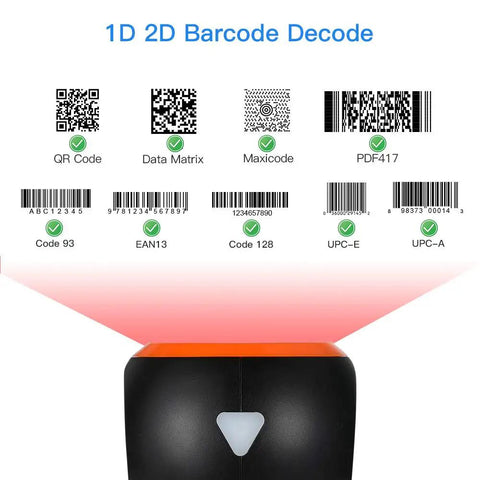 Front view of Hands Free 1D 2D Barcode Scanner With QR Reader Plug And Play For Desktop POS Systems Screen Scanning Supported