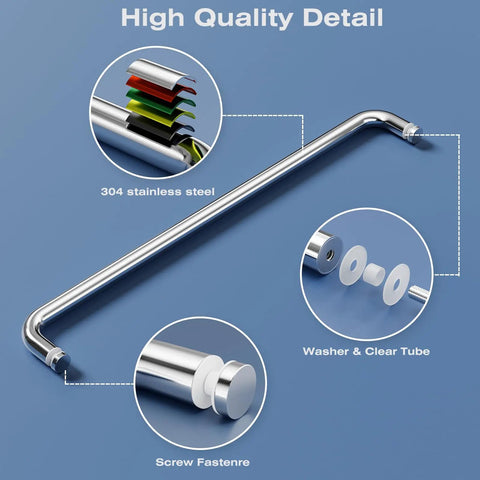 Rock Solid Single Sided Towel Bar Polished Chrome Shower Handle 24 Inch Centers detailed view showing 304 stainless steel and components.